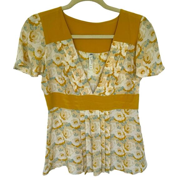 Fossil marigold floral pleated 100% silk v neck flowy blouse medium y2k retro - Picture 1 of 5